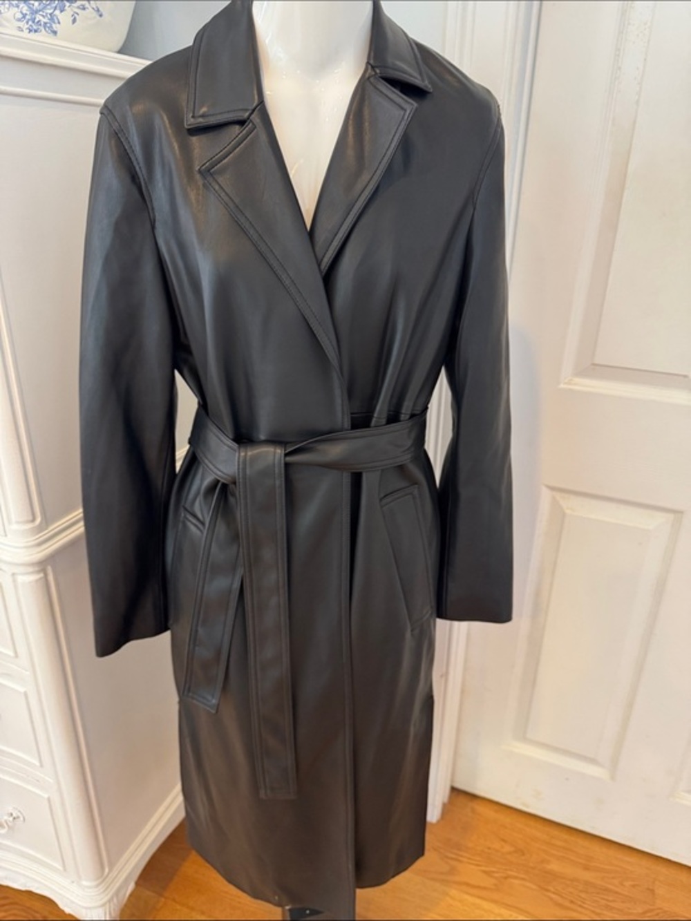 Classic Black Faux Leather Trench Coat with Belt